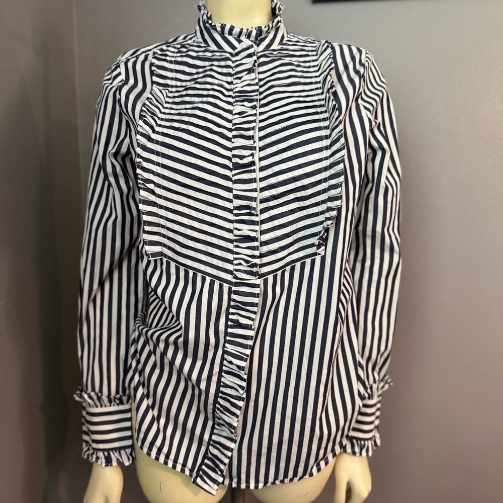 Ruffle-trim tuxedo shirt in stripe - Picture 3 of 12